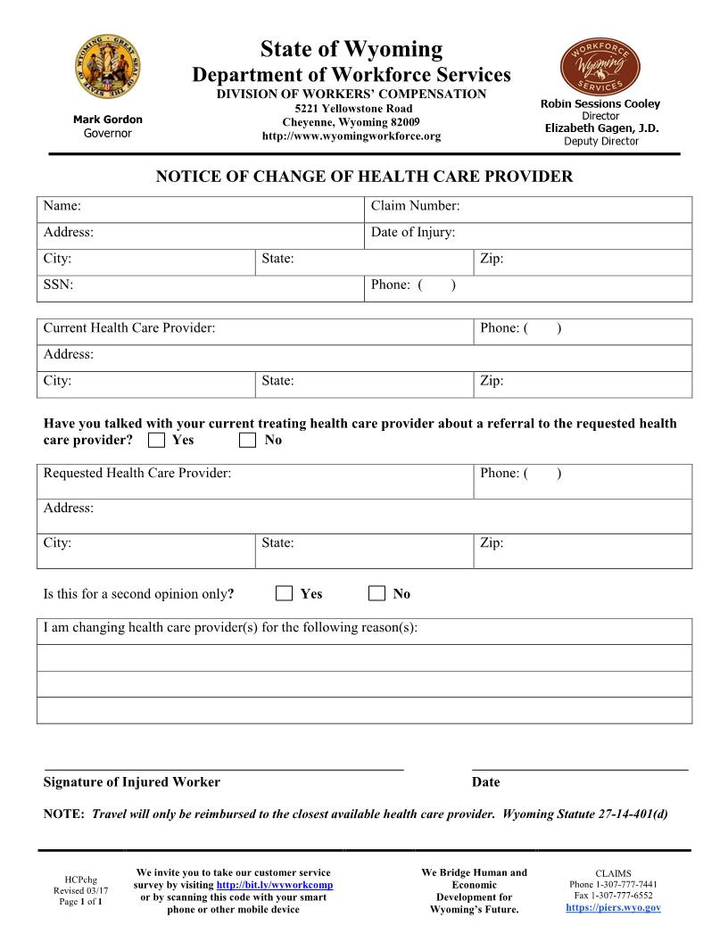 Notice Of Change Of Health Care Provider | Pdf Fpdf Docx | Wyoming